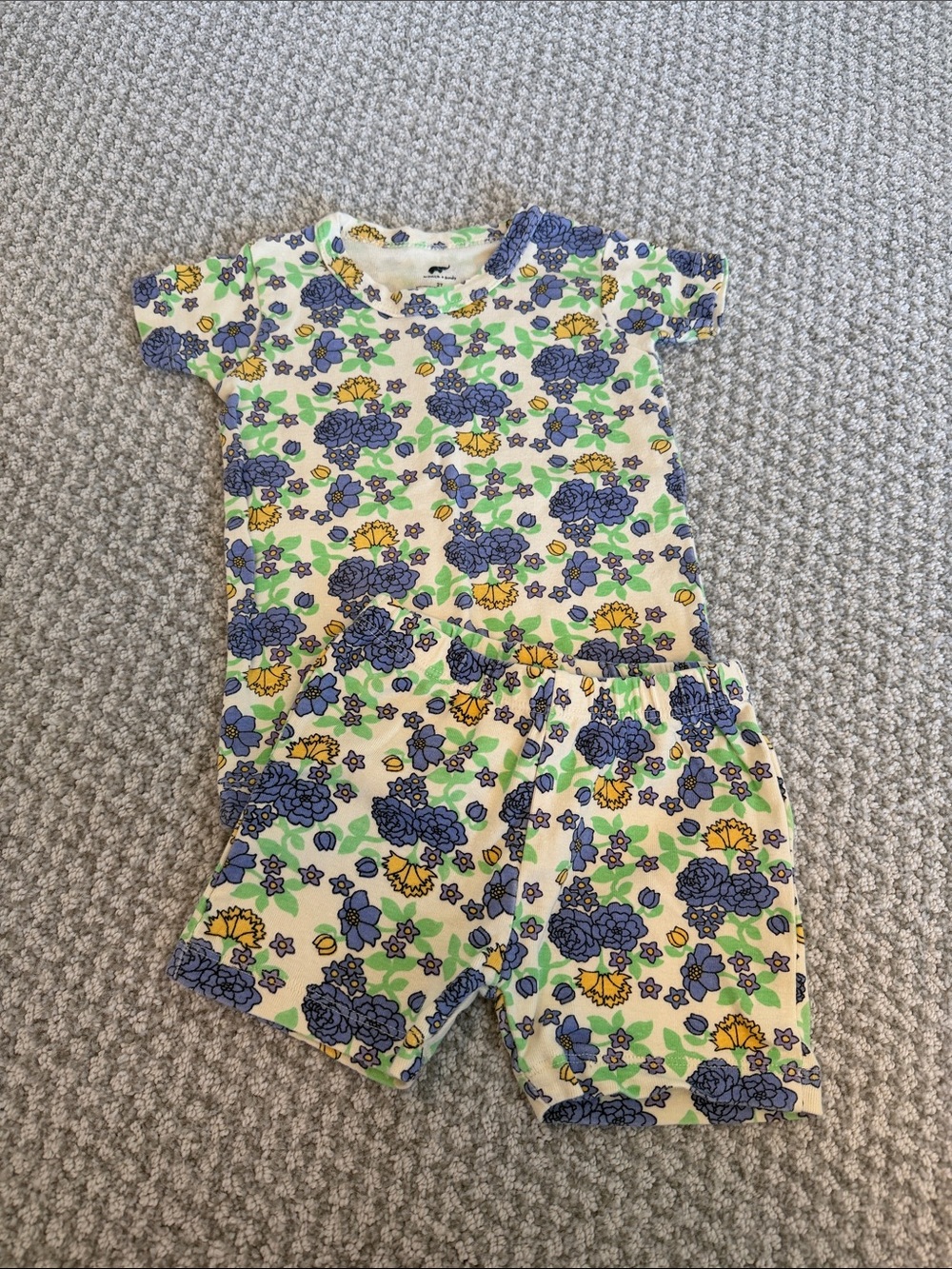 Floral Short-Sleeve Kids Pajama Set in Blue, Yellow & Green